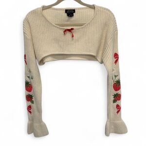 Sweet Society Whimsy Fairy Strawberry Embroidery Cropped Sweater